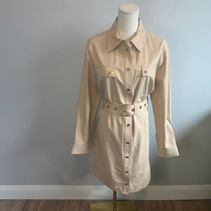 Michael Kors Women's Cotton Blend Tan & Gold Twill Utility Shirt Dress, SZ XL